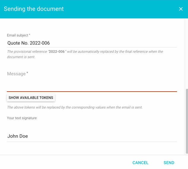 Use of tokens in quote and invoice emails