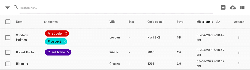 Gestion des étiquettes depuis la page des contacts