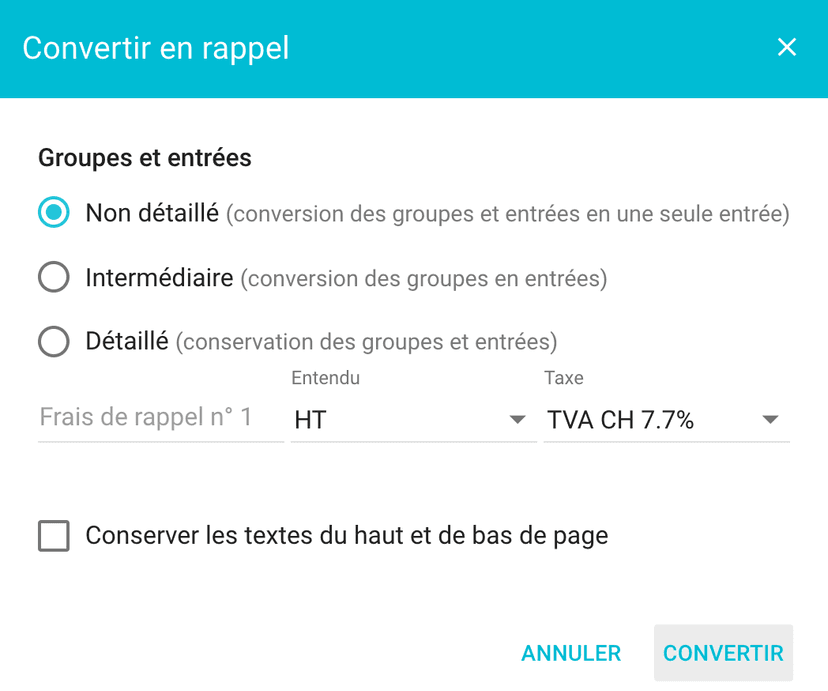 Convertir une facture en rappel