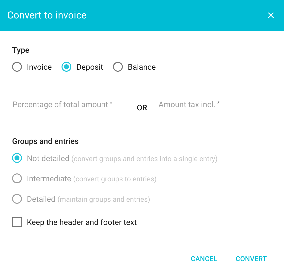 Convert a quote into a deposit, balance or total invoice